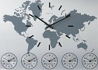 travel themed home accessories - Aluminum wall clock has an image of the world on the face and clock with black hour markers and hands. 5 different time zones in dials below. Includes the time for London, Sydney, Hong Kong, Paris and New York.